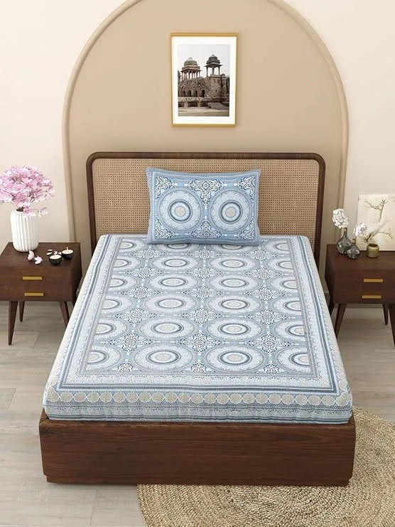 Divine Modex 144 TC 100% Cotton Mandala Single Size Bedsheet with 1 Pillow Cover (63" X 90" Inches, Peageon Color)