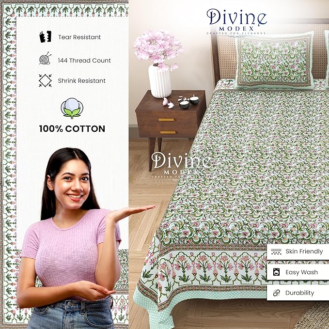 Divine Modex 144 TC 100% Cotton Floral Double Size Bedsheet with 2 Pillow Cover (93" X 108" Inches, Green)