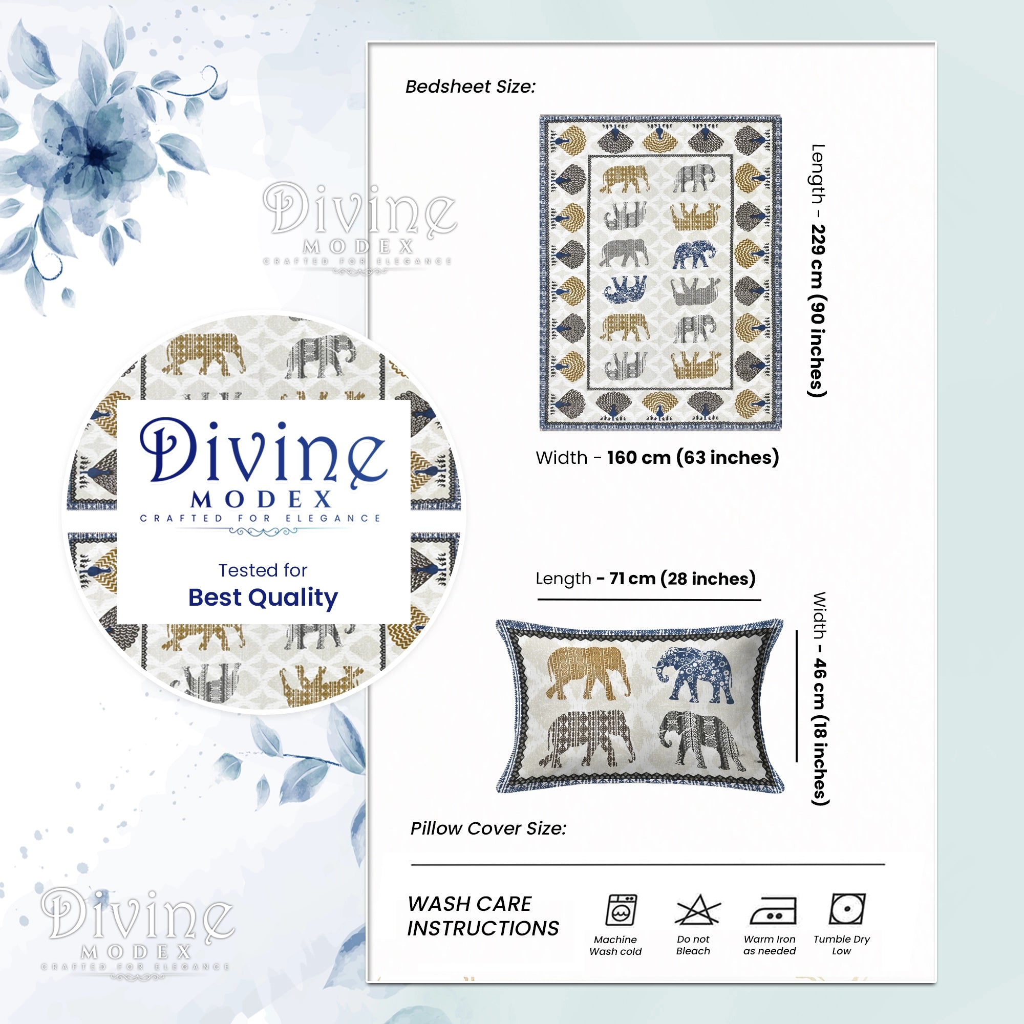 144 TC 100% Cotton Animal Print Single Size Bedsheet with 1 Pillow Cover (63" X 90" Inches, White and Blue)