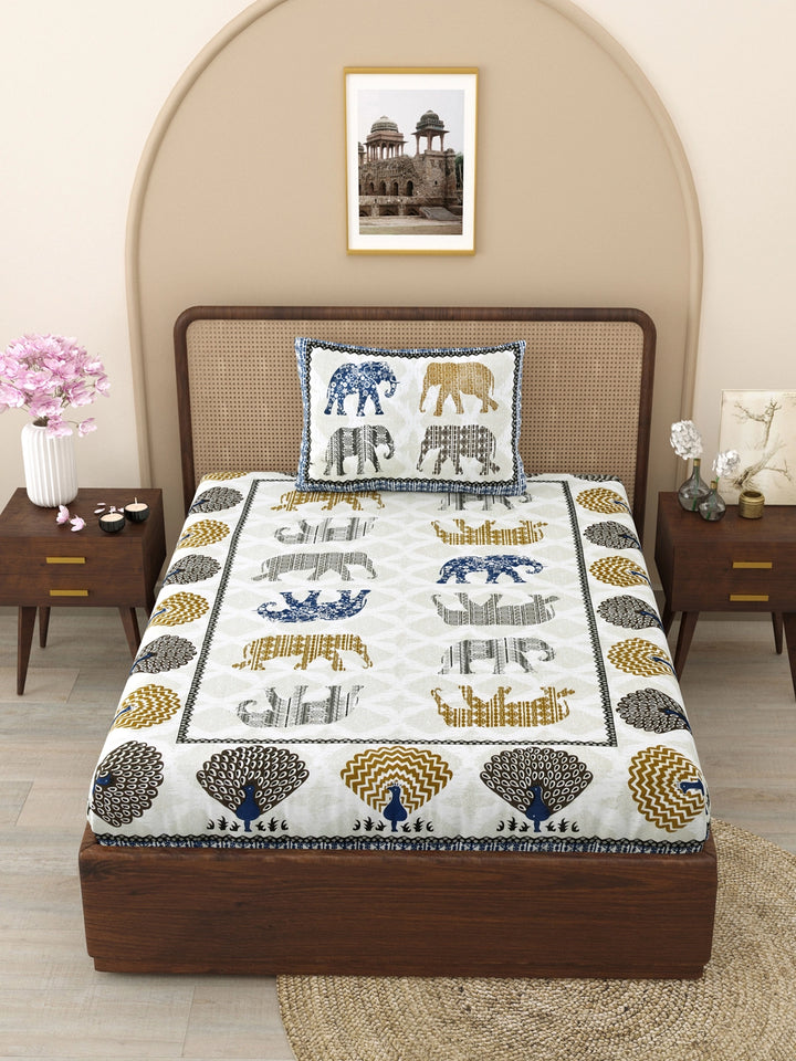144 TC 100% Cotton Animal Print Single Size Bedsheet with 1 Pillow Cover (63" X 90" Inches, White and Blue)