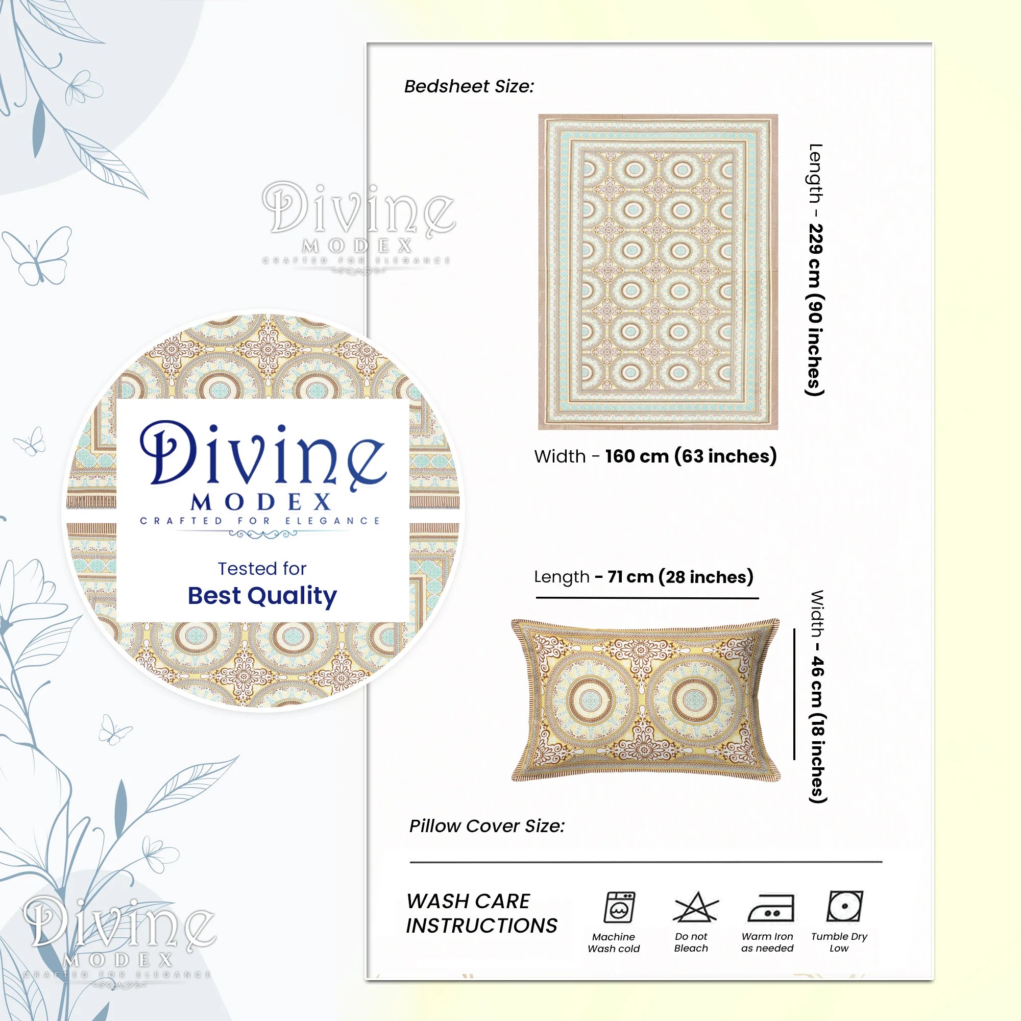 144 TC 100% Cotton Mandala Single Size Bedsheet with 1 Pillow Cover (63" X 90" Inches, Beige)