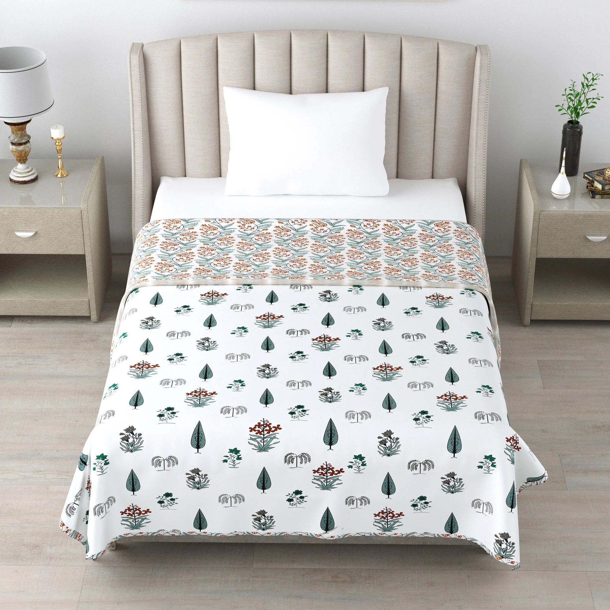 Floral Print 3 Layer Mulmul Feel 100% Pure Cotton Reversible Single Bed Dohar/Quilt/Blanket (60" x 90", White and Orange)