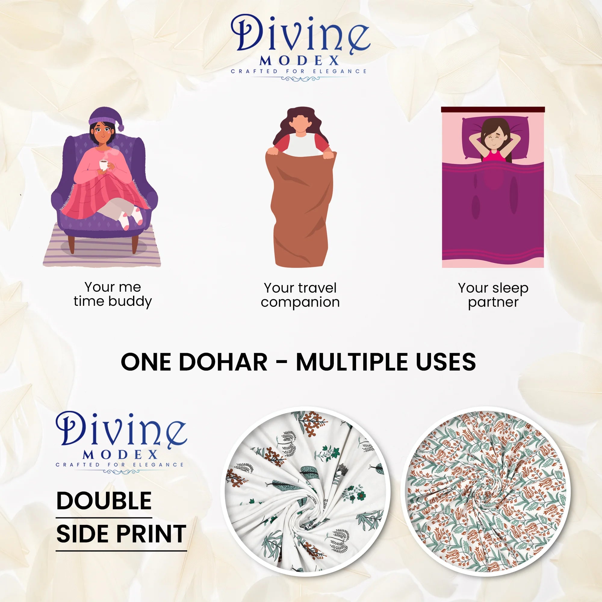 Floral Print 3 Layer Mulmul Feel 100% Pure Cotton Reversible Single Bed Dohar/Quilt/Blanket (60" x 90", White and Orange)