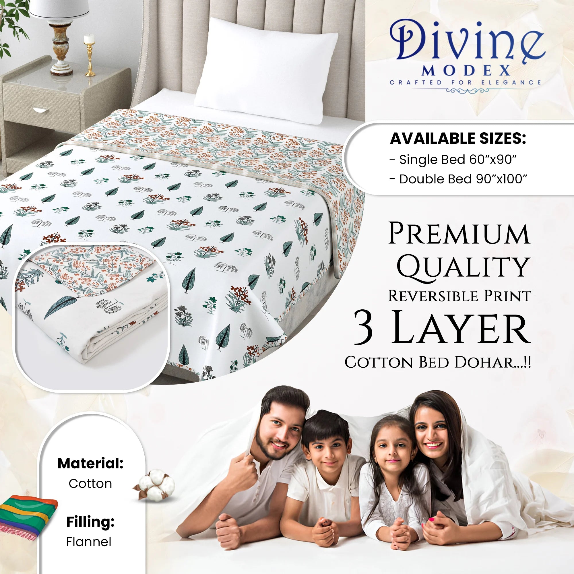 Floral Print 3 Layer Mulmul Feel 100% Pure Cotton Reversible Single Bed Dohar/Quilt/Blanket (60" x 90", White and Orange)