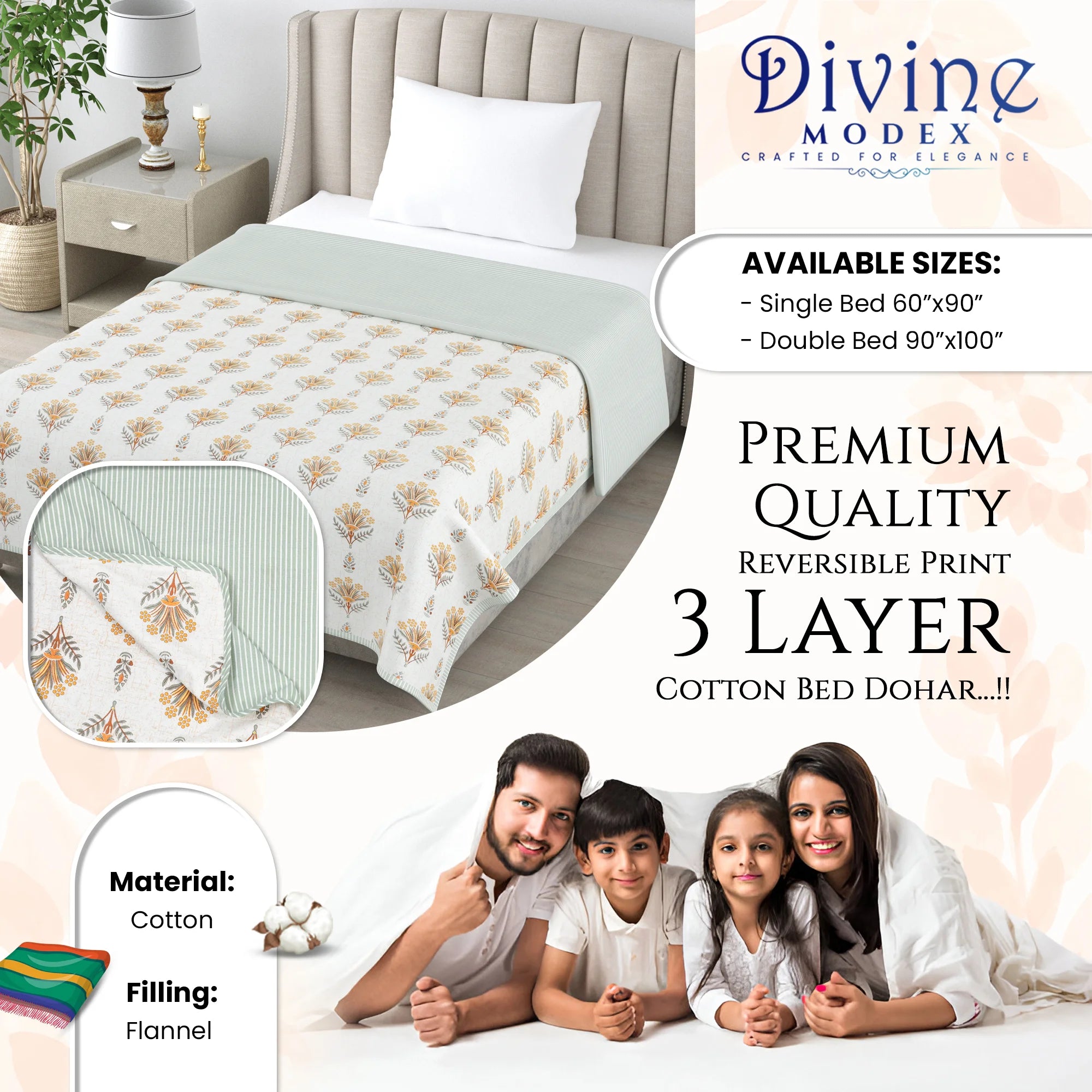 Floral Print 3 Layer Mulmul Feel 100% Pure Cotton Reversible Single Bed Dohar/Quilt/Blanket (60" x 90", Grey and Yellow)