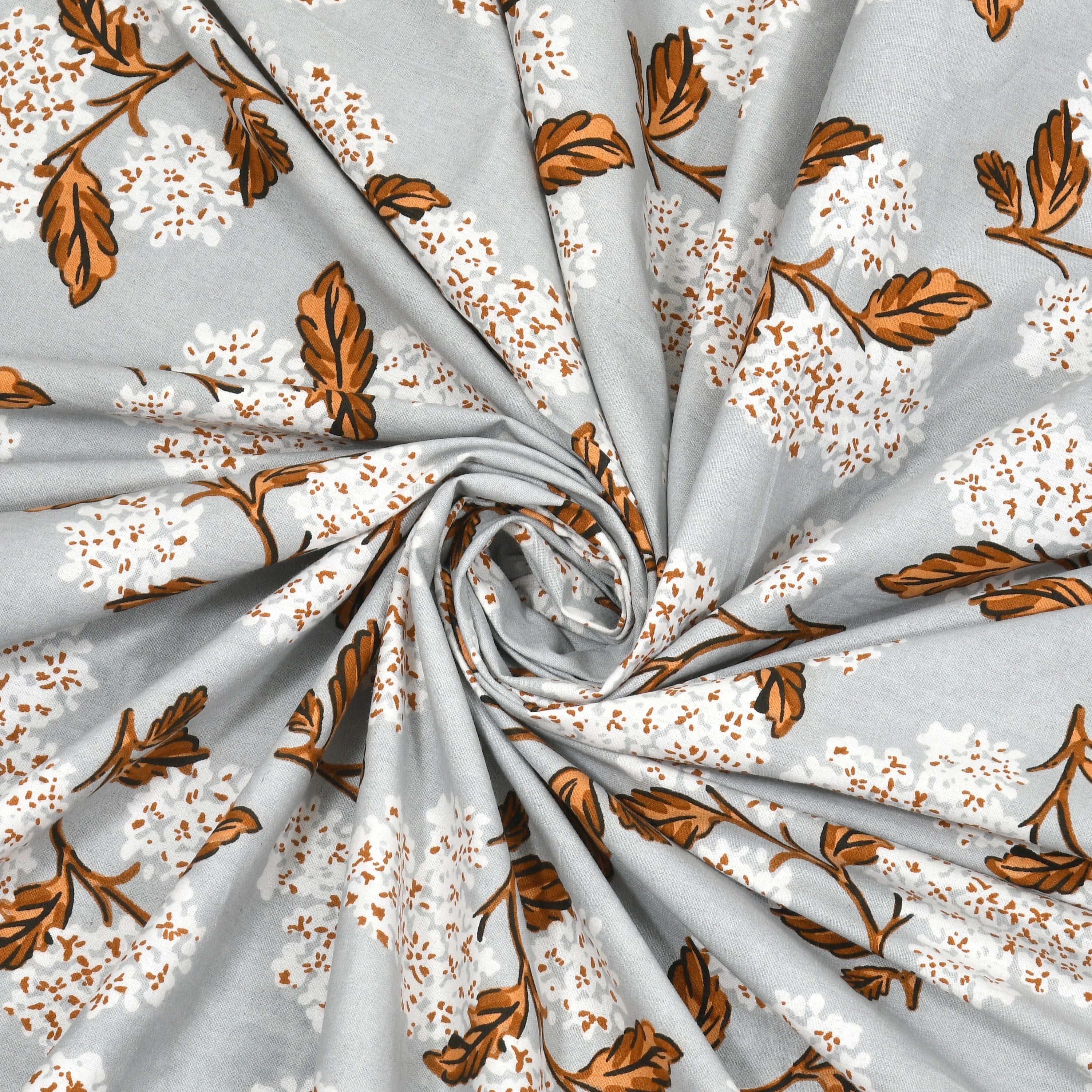 Elegance 100% Pure Premium Cotton 144 TC Floral Double Bedsheet with 2 Pillow Covers - Grey and Brown