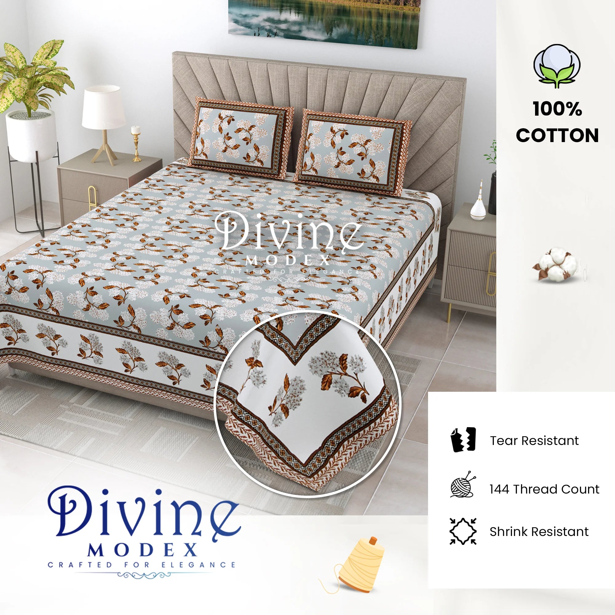 Elegance 100% Pure Premium Cotton 144 TC Floral Double Bedsheet with 2 Pillow Covers - Grey and Brown