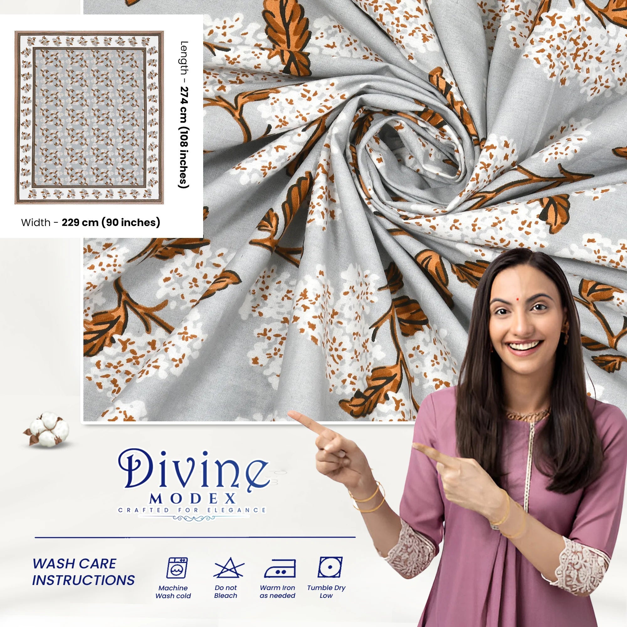 Elegance 100% Pure Premium Cotton 144 TC Floral Double Bedsheet with 2 Pillow Covers - Grey and Brown