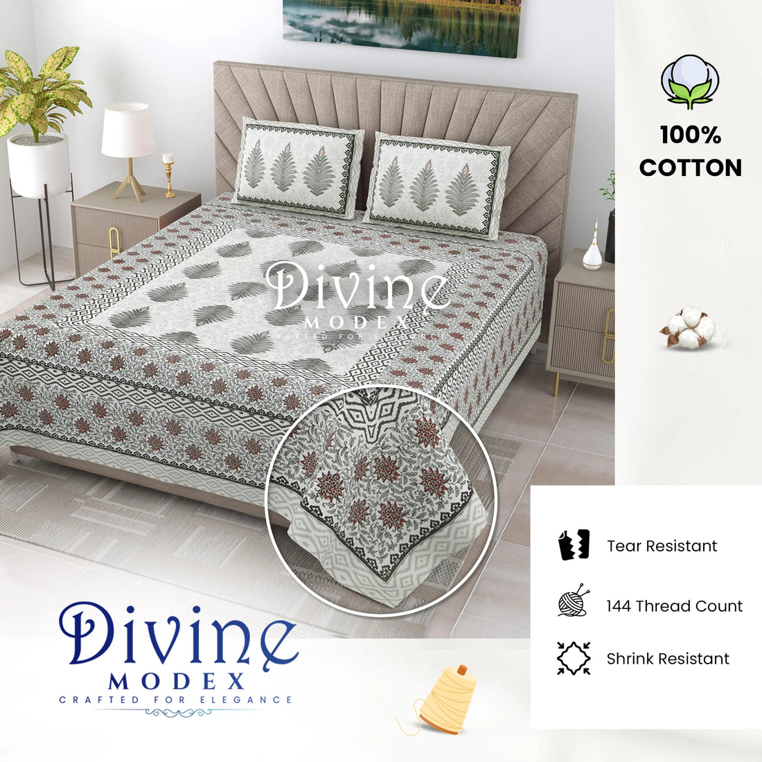 Elegance 100% Pure Cotton 144 TC Abstract Double Bedsheet with 2 Pillow Covers - Grey