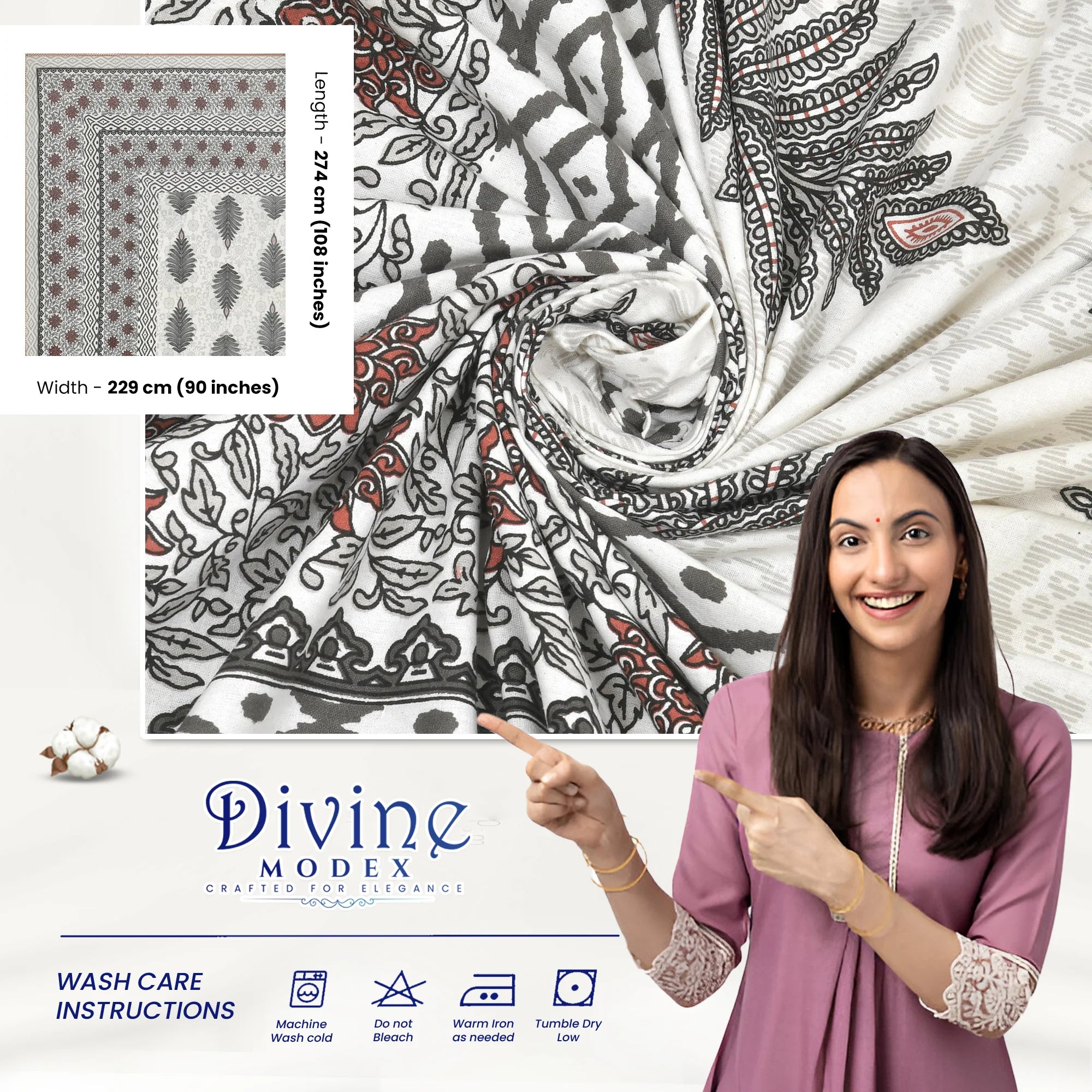 Elegance 100% Pure Cotton 144 TC Abstract Double Bedsheet with 2 Pillow Covers - Grey