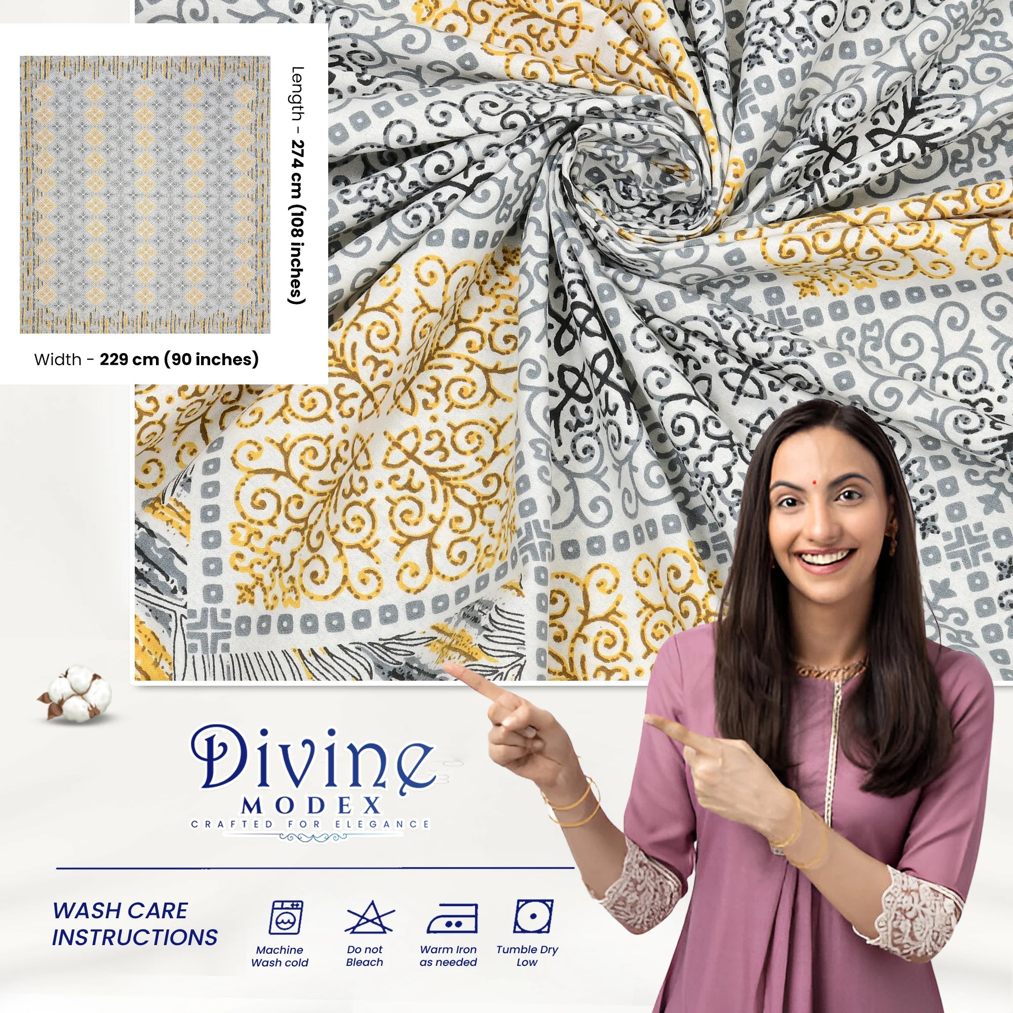 Elegance 100% Pure Cotton 144 TC Floral Abstract Bedsheet with 2 Pillow Covers - Grey and Beige