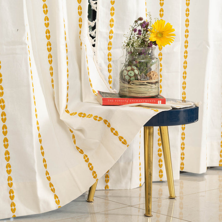 Premium 100% Cotton Embroidery Curtain For Window & Door - Pack Of 1 Curtain, Vintage Braid Yellow